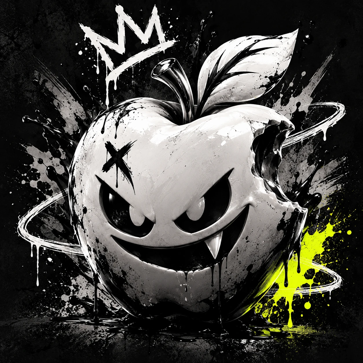 Bad Apple’s grinning apple mascot surrounded by ink splashes and a graffiti crown